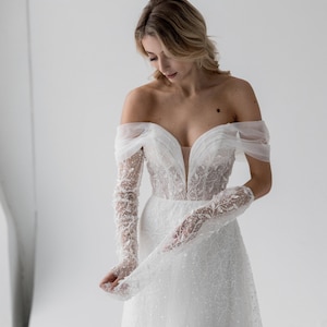 Lace wedding dress, long sleeve & off shoulder neckline gown, delicate tulle dress, winter wedding