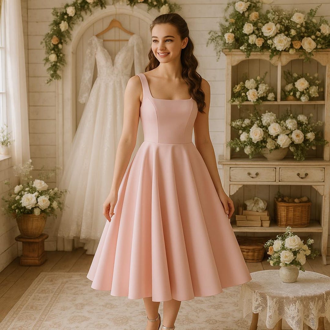 Blush Pink Satin Wedding Dress – Tea-length Bridal Gown, Elopement ...