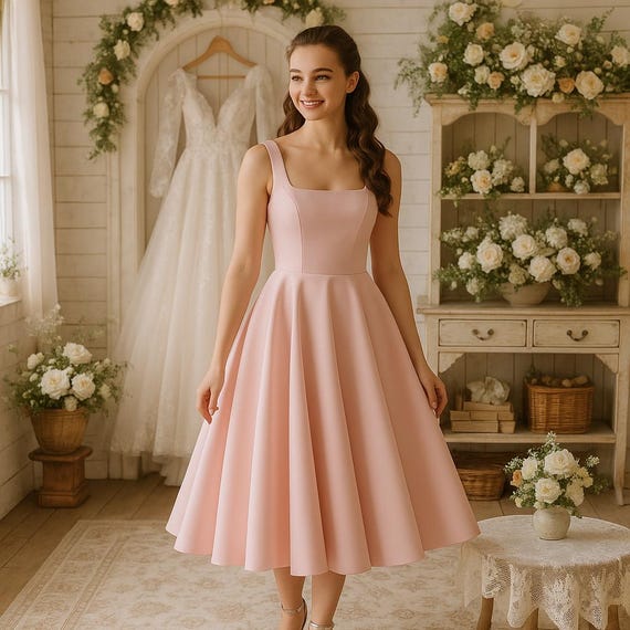 Blush Pink Satin Wedding Dress - Tea-Length Bridal Gown, Elopement Dress, Cottagecore Bride