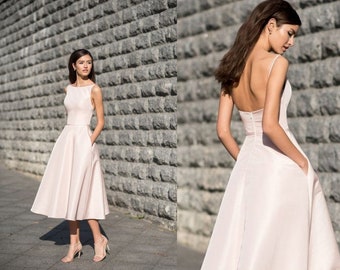 Tea length wedding dress, 50s bridal midi gown, satin modest reception dress