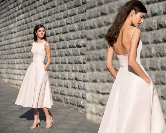 Tea Length Wedding Dress, 50s Bridal Midi Gown, Satin Modest Reception Dress  