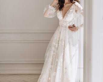 Kanten trouwjurk, bruidsjurk met V-hals en lange mouwen, boho-tuintrouwjurk
