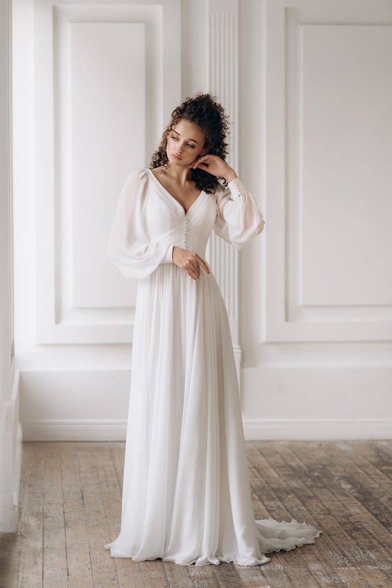 minimalist chiffon wedding dress Elegant Mock Neck Bridal Dress Minimalist Chiffon Sheath Wedding Dress Trumpet Wedding Gown AWD2036