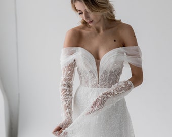 Lace wedding dress, long sleeve & off shoulder neckline gown, delicate tulle dress, winter wedding