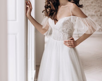 Wedding ruffle dress, deep V-neck sheer dress with train, bohemian lace bridal gown