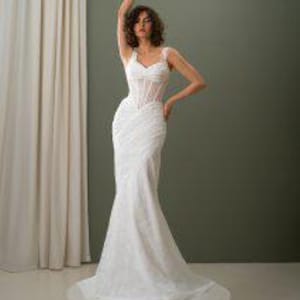 Unique mermaid wedding dress with sequins, Lace corset bridal gown, Elegant guipure bridal wedding dress, stylish bride