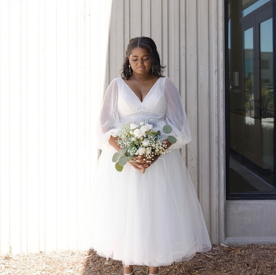 Midi Wedding Dress, V-neck Tulle Bridal Gown, Long Sleeves Gown