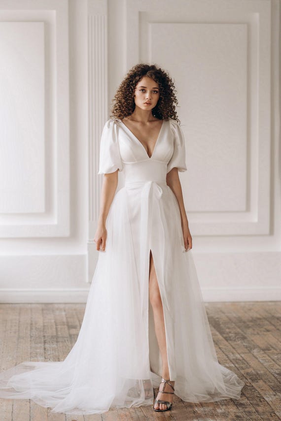 satin v neck wedding dresses A-Line Satin Wedding Dress with V-Neck and Slit Sonya Soley May