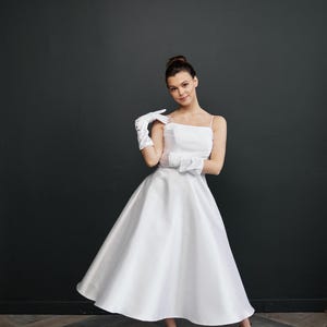 Tea length wedding dress, 50s bridal midi gown, A-line satin dress for modern wedding