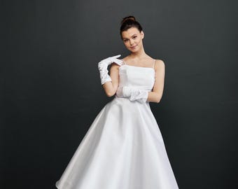50s Style Satin Tea Length Wedding Dress: A-Line Bridal Gown