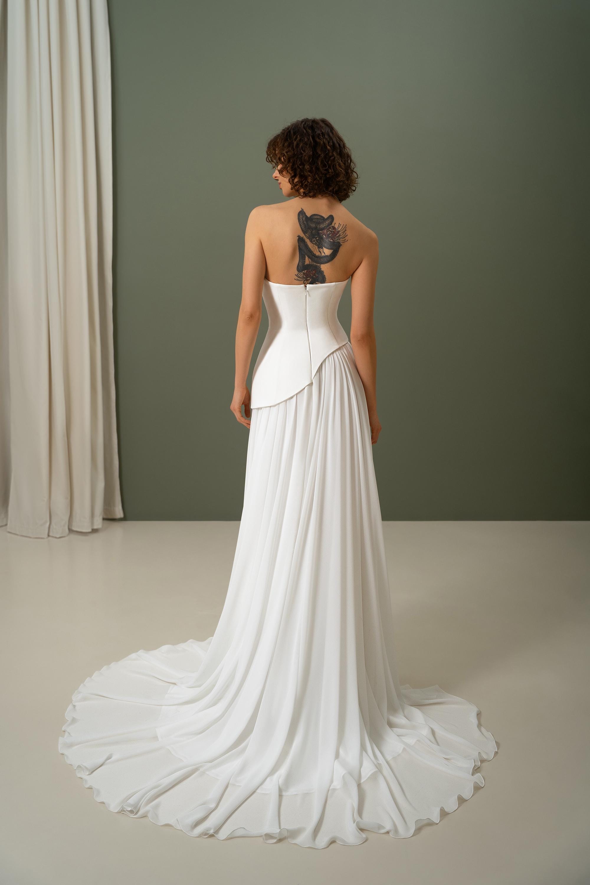 A-Line Wedding Dress: Asymmetrical Corset, Chiffon Skirt