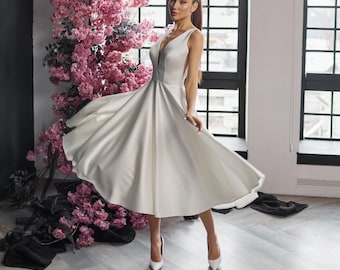 Satin V-Neck Wedding Dress: Minimalist A-Line Midi Gown