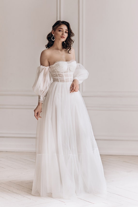 Fairy Wedding Dress, Embroidered Sheer Corset, Sweetheart Princess,  Bohemian Bride, Bridal Ball Gown 