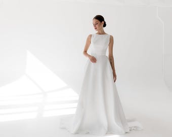 Modest wedding dress, train A-line skirt bridal gown, open back delicate gown