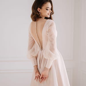 Midi wedding dress, V-neck blush bridal gown, civil wedding dress, long sleeves gown, city hall wedding