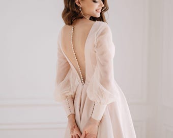 Midi Brautkleid, V-Ausschnitt, blush Brautkleid, standesamtliches Hochzeitskleid, lange Ärmel Kleid, Stadthallenhochzeit