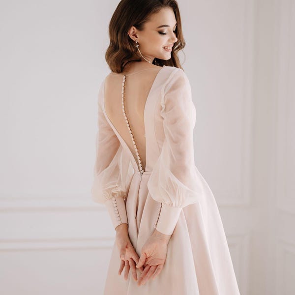 Blush Midi Wedding Dress: Long Sleeves, V-Neck Bridal Gown
