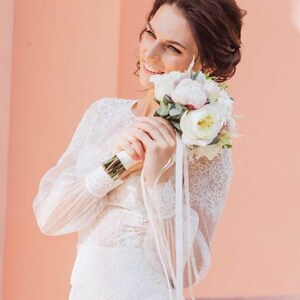 Lace Wedding Dresses With Sleeves, White Crew Neck Tea Length Wedding Attire, Delicate Fitted Sheath Bridal Gown, Wedding Reception Dress