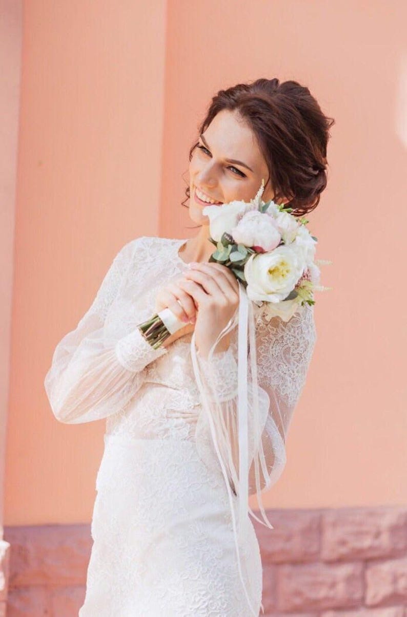Lace Wedding Dresses With Sleeves, White Crew Neck Tea Length Wedding Attire, Delicate Fitted Sheath Bridal Gown, Wedding Reception Dress