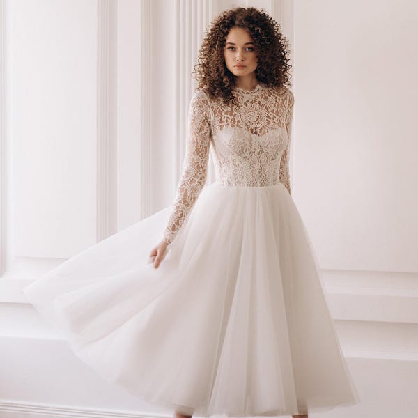 Vintage 50s Style Dress, Tea-Length Lace Wedding Gown: Long Sleeve Midi Bridal Dress, Custom Fit