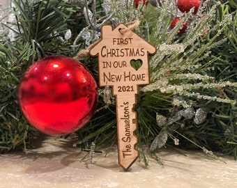 Christmas Ornament - First Christmas In Our New Home Key Wood - Customizable - New Home - New House - Moving - Family - Ribbon - Key