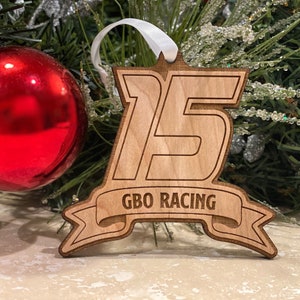Christmas Ornament - Racing Number w/Banner Wood - Customizable - Race - Racing - Car - Truck - Kart - Wheel - Tire - Engine - Motor