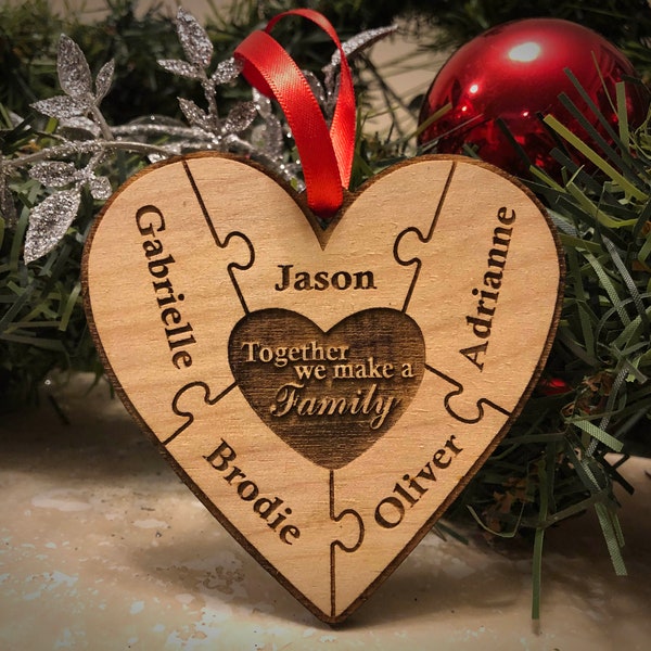 Christmas Ornament - Family / Sibling Heart Puzzle Wood Christmas Ornament (2-9 Name Configuration)