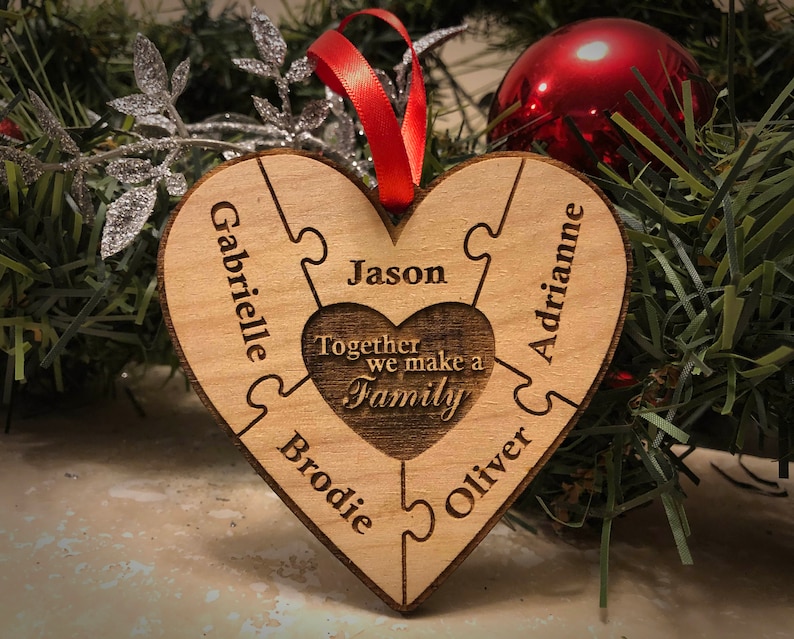 Christmas Ornament Family / Sibling Heart Puzzle Wood Christmas Ornament 2-9 Name Configuration image 1