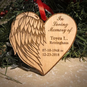 Christmas Ornament - Angel Wing Heart Wood ( In memory of )