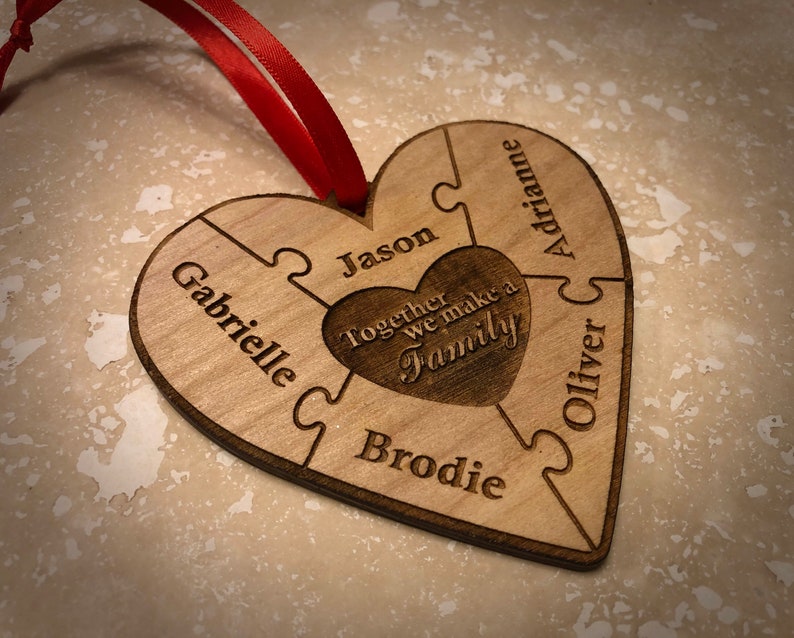 Christmas Ornament Family / Sibling Heart Puzzle Wood Christmas Ornament 2-9 Name Configuration image 2