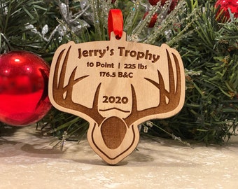 Christmas Ornament - Deer Mount Full Rack Wood - Trophy - Boone and Crockett - Customizable - Bow - Rifle - Hunting - Elk - Buck