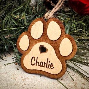 Personalized Dog Paw Print Christmas Ornament - Wooden Pet Memorial