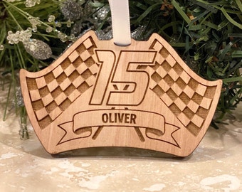 Christmas Ornament - Racing Number w/ Checkered Flags and Banner Wood - Customizable - Race - Racing - Car - Kart - Engine - Motor - Finish