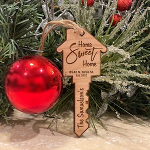 Christmas Ornament - Home Sweet Home Key Wood - Customizable - New Home - New House - Moving - Family - Ribbon - Key