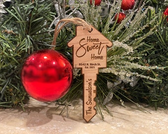 Christmas Ornament - Home Sweet Home Key Wood - Customizable - New Home - New House - Moving - Family - Ribbon - Key