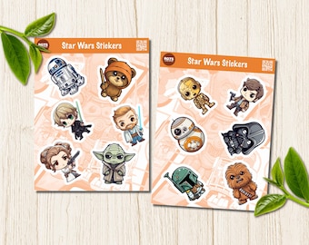 May include: Two rectangular sheets of Star Wars stickers featuring chibi-style illustrations of characters including R2-D2, an Ewok, Luke Skywalker, Obi-Wan Kenobi, Princess Leia, Yoda, C-3PO, Han Solo, BB-8, Darth Vader, Boba Fett, and Chewbacca.