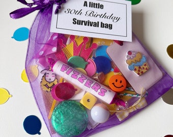 30th Birthday Survival Bag. Personalised letterbox gift for a milestone birthday
