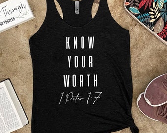 Know Your Worth, Womens Tank Tops, Tank Tops with Words, Fitness Shirt, Workout Gifts, Christian Tank Tops, Christian Gifts Women