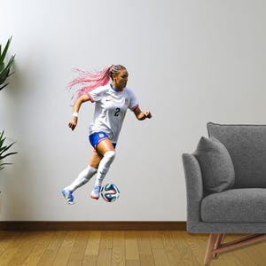 May include: A wall decal of a soccer player in a white jersey with blue shorts and pink hair, kicking a soccer ball. The player is wearing white socks and blue cleats. A large green plant in a white pot is to the left.