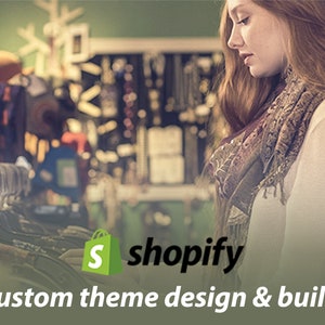 May include: A woman browsing clothing racks in a shop. The shop has a green wall and a sign that says "shopify custom theme design & build".