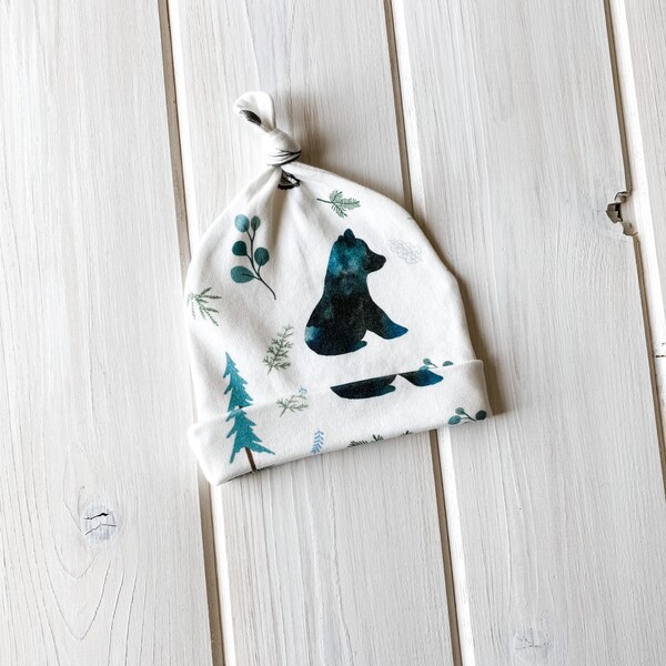 Hello Woodland Bear Baby Top Knot Hat