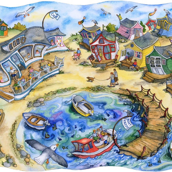 Beach Cafe Seaside Limited Edition Watercolour Print. Dorset Art Print. Beach Hut Art. Boats Print.