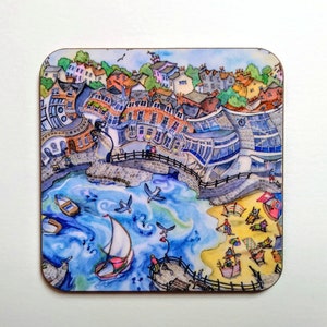 Swanage Bay, Dorset Coaster. Colourful kitchen gift. Coastal, seaside, beach gifts.