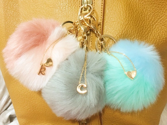 Personalized pom pom keychain Faux Fur key ring Handbag charm | Etsy