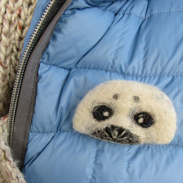 Needle felted Seal Pup head brooch