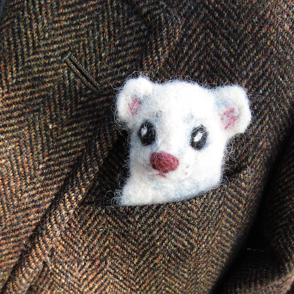 Needle felted Stoat or Ermine brooch of pocket friend