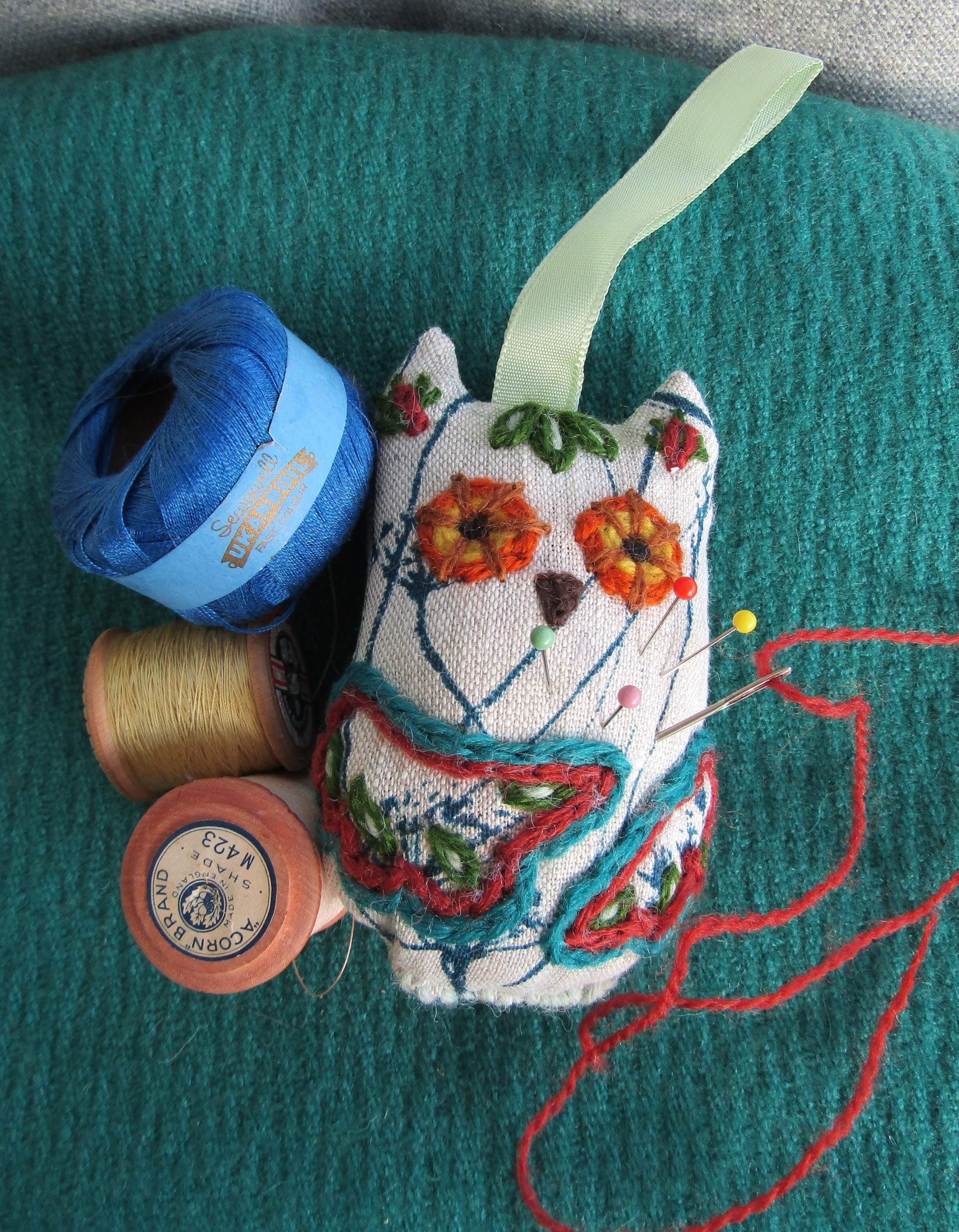 Embroidered linen fabric owl  pin cushion or decoration