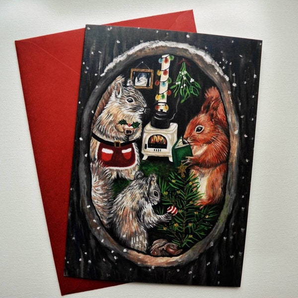 Cute Squirrels Woodland Tree Christmas Greeting Card 'Twas the nut before Christmas' Festive Forest Animals Winter Wildlife Blank Card