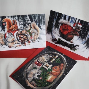 Lot de 3 cartes de Noël écureuil | Cartes de fête écureuil roux | Cartes de vacances | Jeu de cartes de Noël A5 | Multipack d'animaux de la forêt enneigée