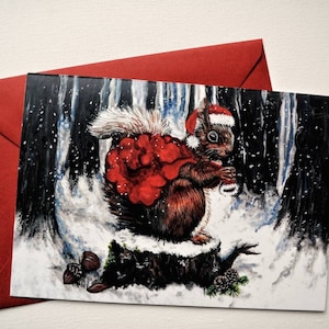 Cartes de voeux de Noël d'écureuil rouge de Santa | Festive Snowy Winter Woodland Animal Card 'A winters tail' Blank Winter